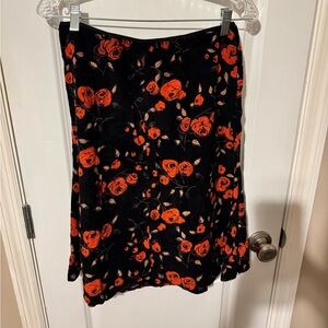 Angie Black and Orange Floral A-Line Cordroy Skirt